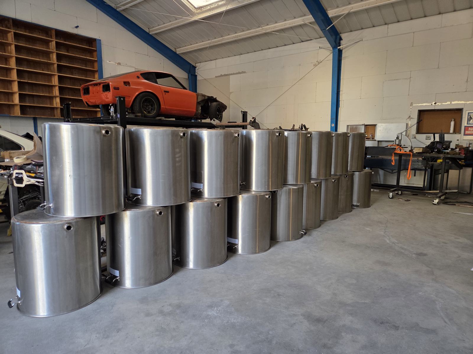 Row of stainless tanks fabricated in the shop